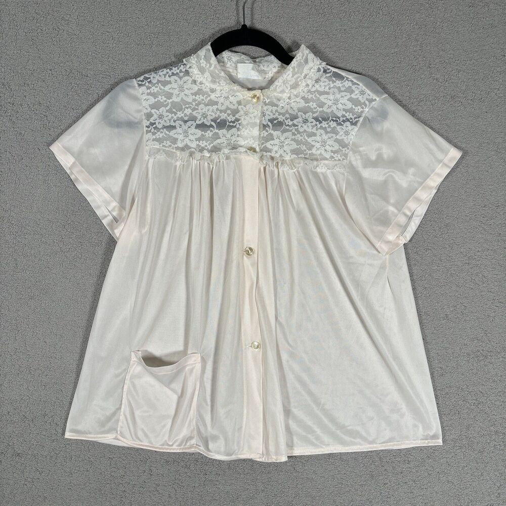 Vintage Philmaid Women’s S‎ Pajama Top Peach Button Up Lace Collar Pocket Top
